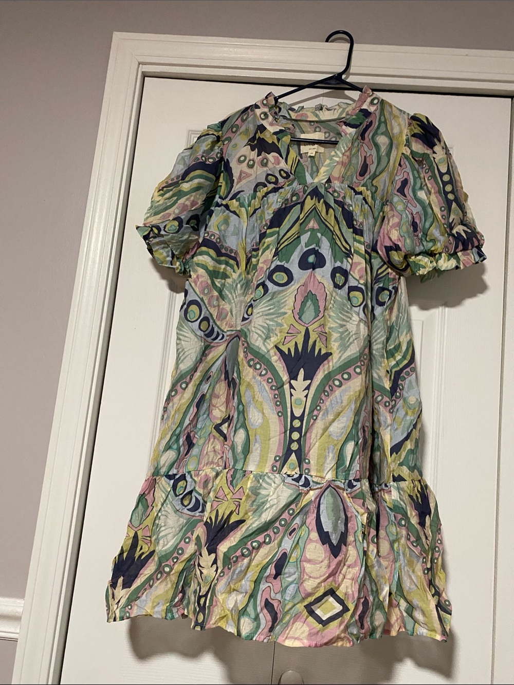 Umgee Multicolor Paisley Print Short Sleeve Dress - Green, Pink, Blue - Picture 2 of 3
